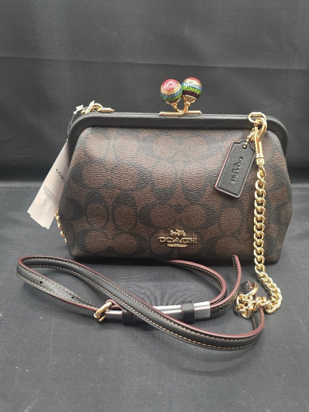 Coach Nora Kisslock Crossbody in Signature Canvas with Glitter CE617 Brown Black